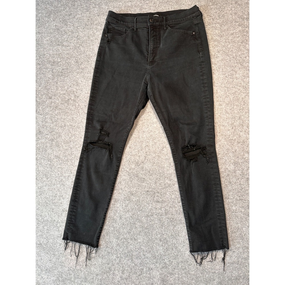 Express Skinny Jeans Womens 12R Black Denim Stretch Distressed Raw Hem High Rise